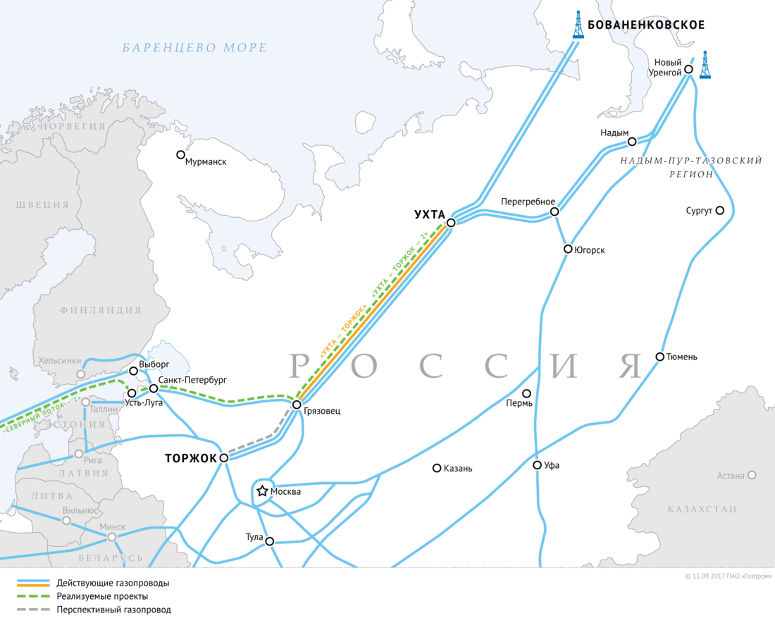 Схема газопроводов «Ухта — Торжок» и «Ухта — Торжок — 2»
