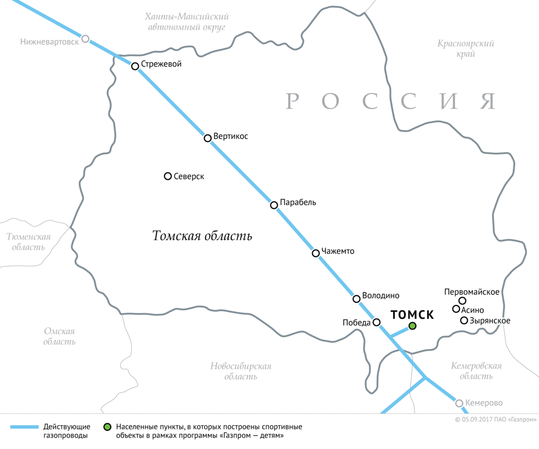 Схема магистральных газопроводов в Томской области