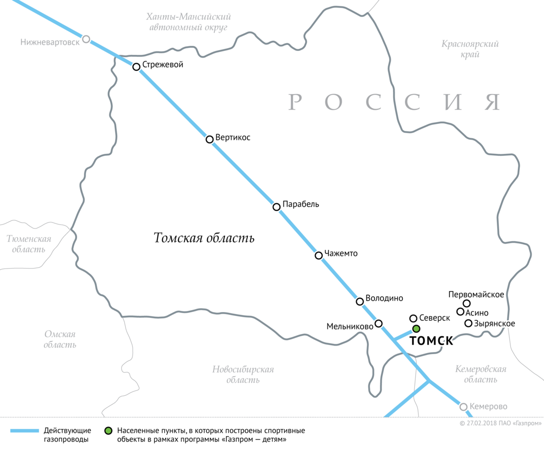 Схема магистральных газопроводов в Томской области