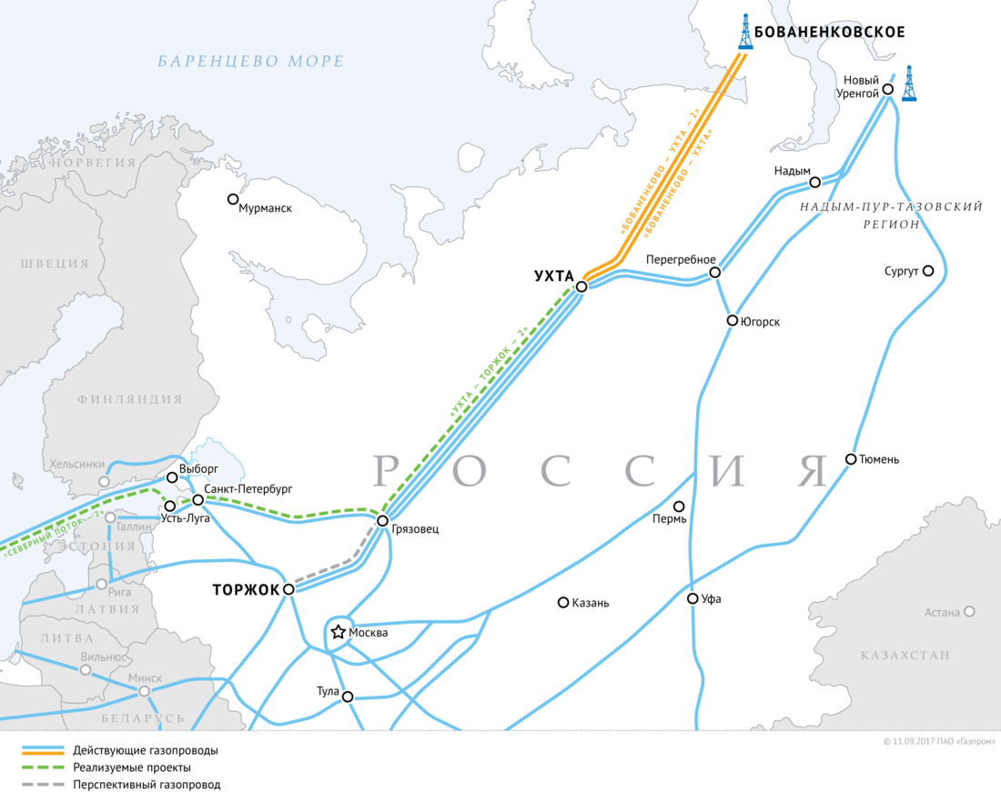 Схема газопроводов «Бованенково — Ухта» и «Бованенково — Ухта — 2»